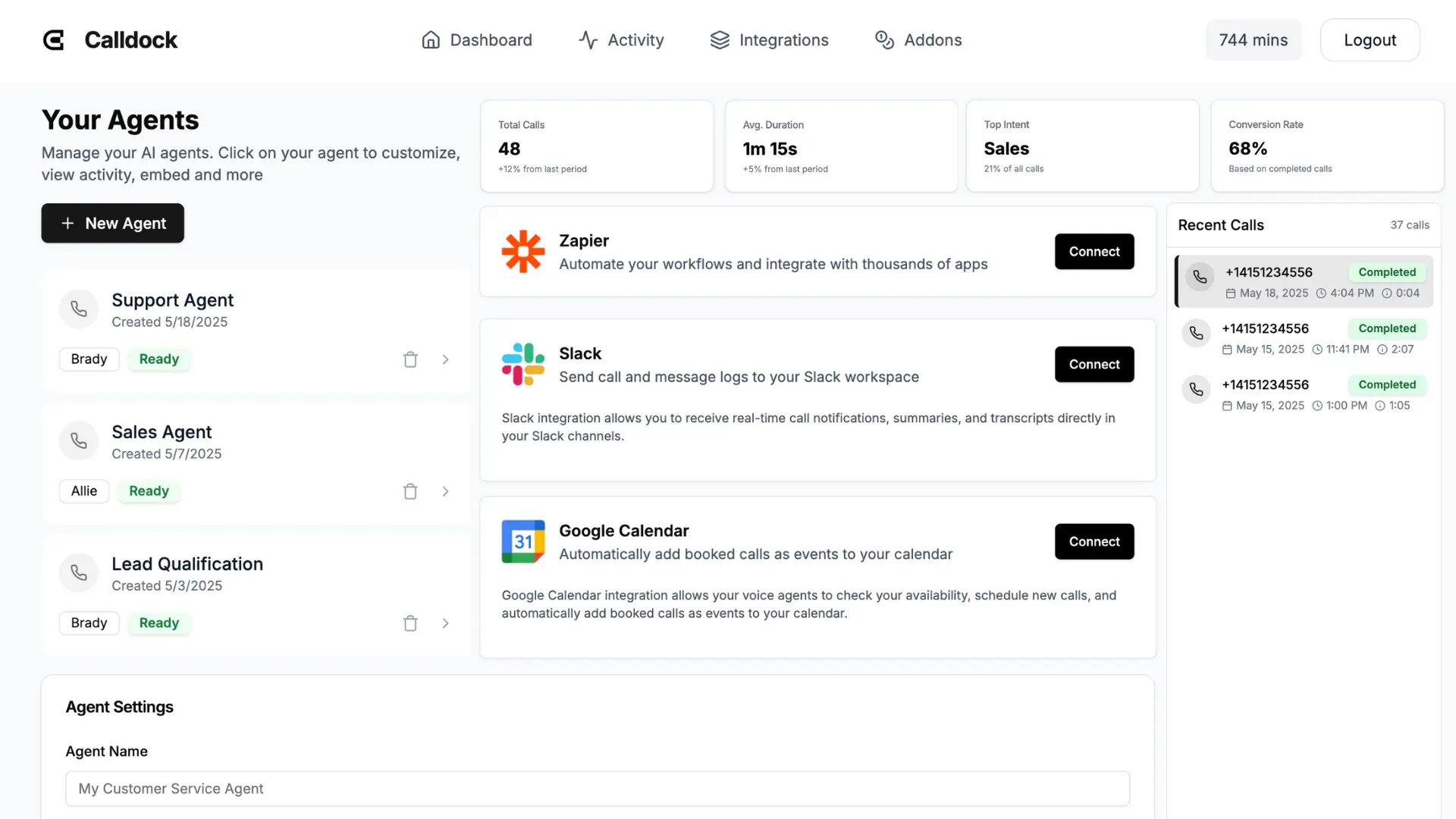 Dashboard showing qualified leads and call summaries
