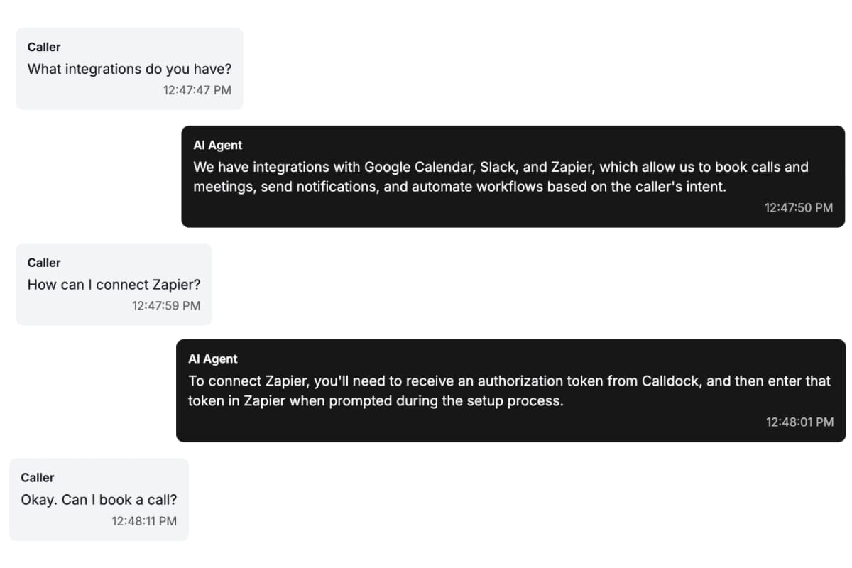 Screenshot showing AI voice agent having contextual conversations with customers